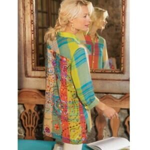 Soft Surroundings Women's Manchester Plaid Embroidered Long Sleeve Shirt XL